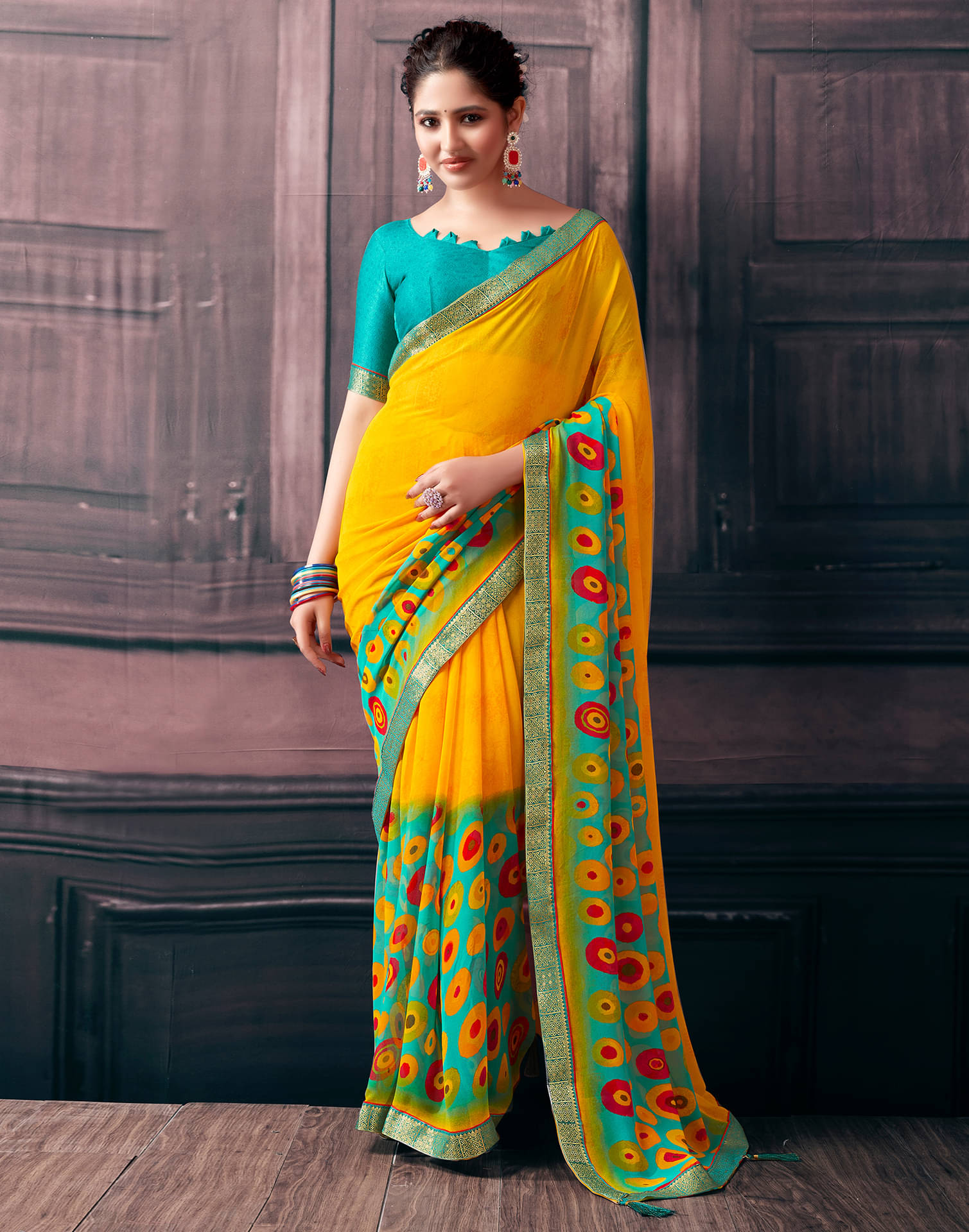     			Samah Georgette Printed Saree With Unstitched Blouse Piece ( Yellow )