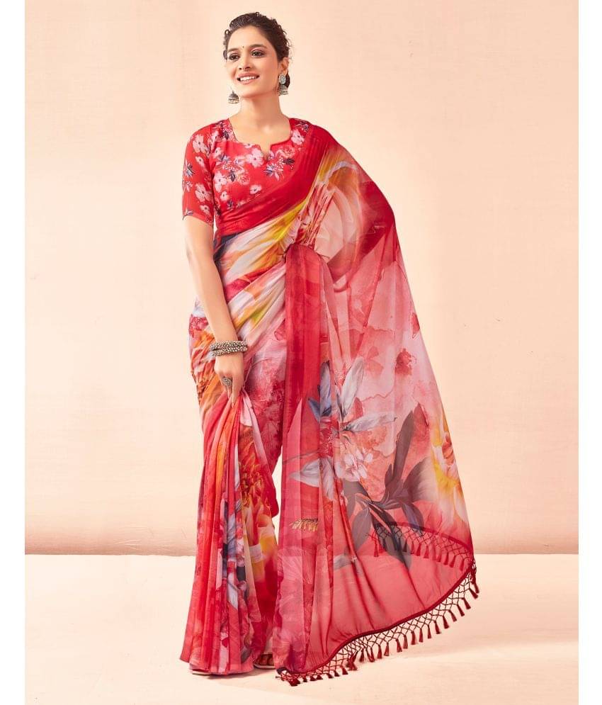     			Samah Georgette Printed Saree With Unstitched Blouse Piece ( Red )