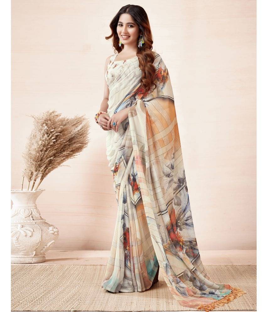     			Samah Georgette Printed Saree With Unstitched Blouse Piece ( Cream )