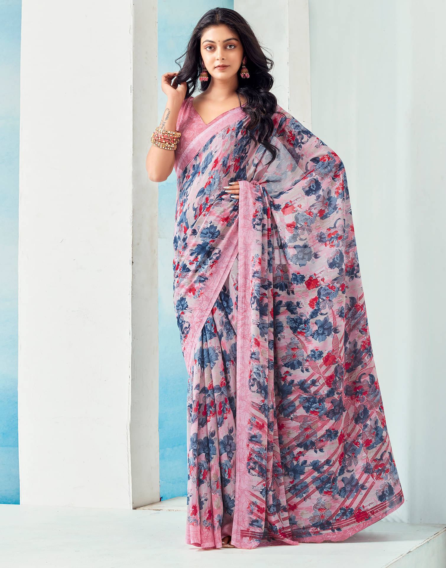     			Samah Georgette Printed Saree With Unstitched Blouse Piece ( Pink )