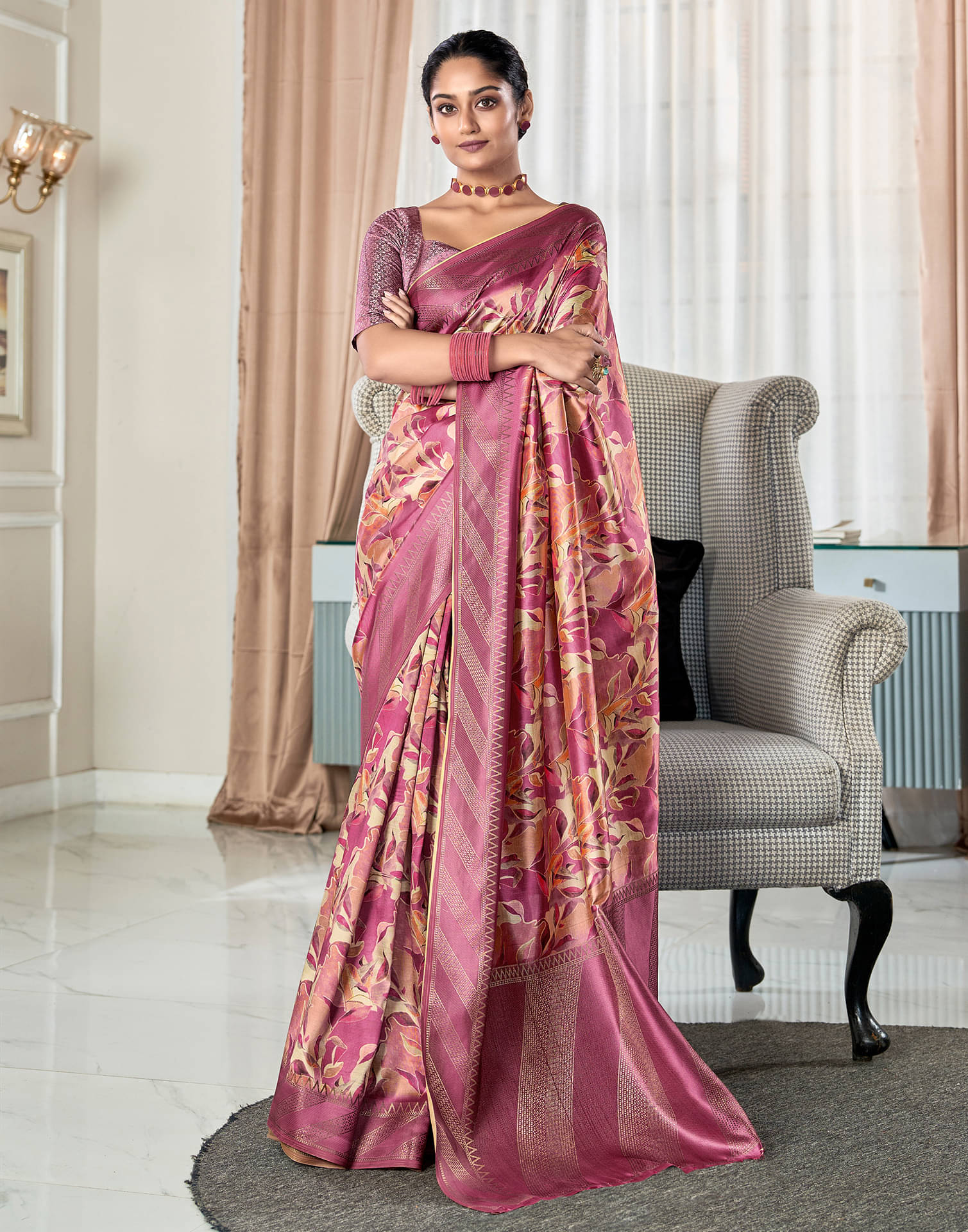     			Samah Silk Blend Printed Saree With Unstitched Blouse Piece ( Rose Gold )