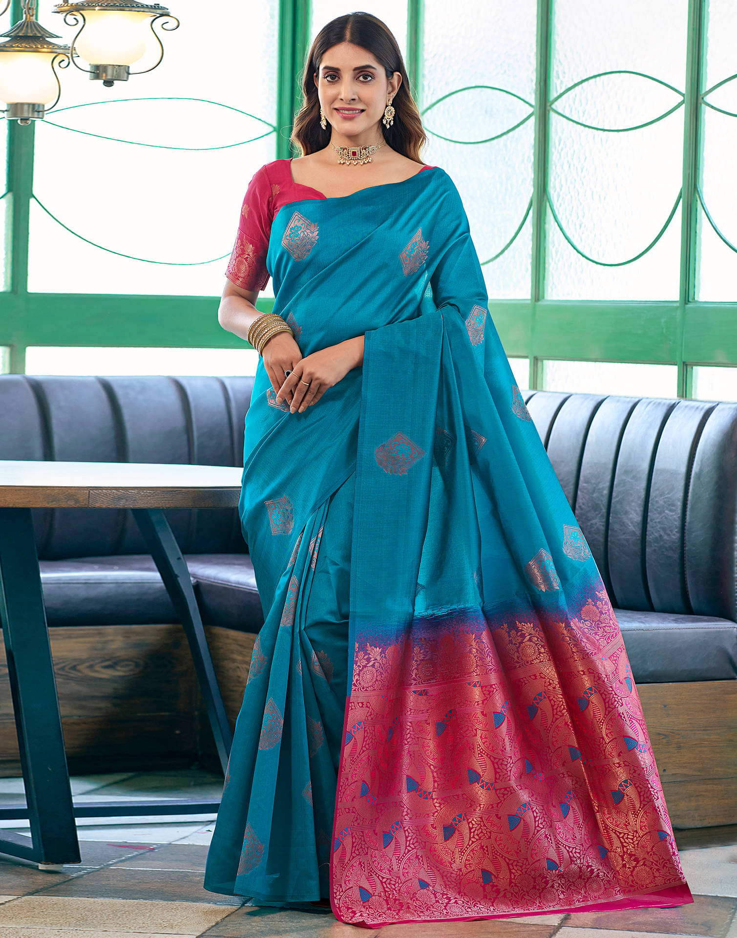 Samah Silk Blend Woven Saree With Unstitched Blouse Piece ( Blue ) Samah Silk Blend Woven Saree With Unstitched Blouse Piece ( Blue )