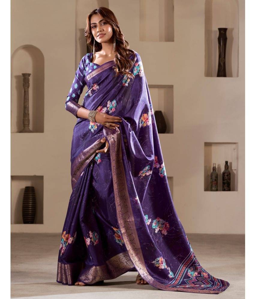 Samah Silk Printed Saree With Unstitched Blouse Piece ( Purple ) Samah Silk Printed Saree With Unstitched Blouse Piece ( Purple )