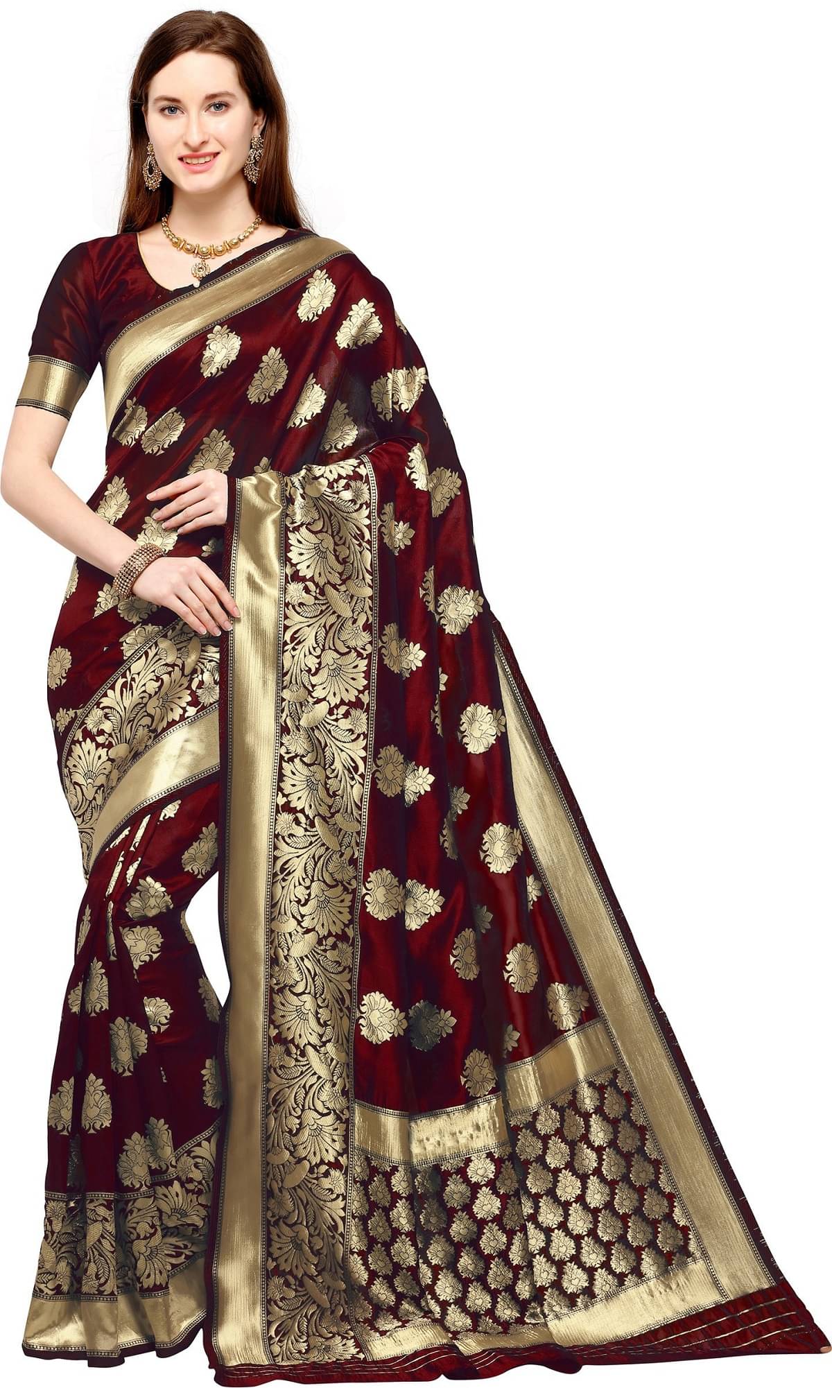 Trijal Fab Jacquard Self Design Saree With Unstitched Blouse Piece ( Maroon ) Trijal Fab Jacquard Self Design Saree With Unstitched Blouse Piece ( Maroon )
