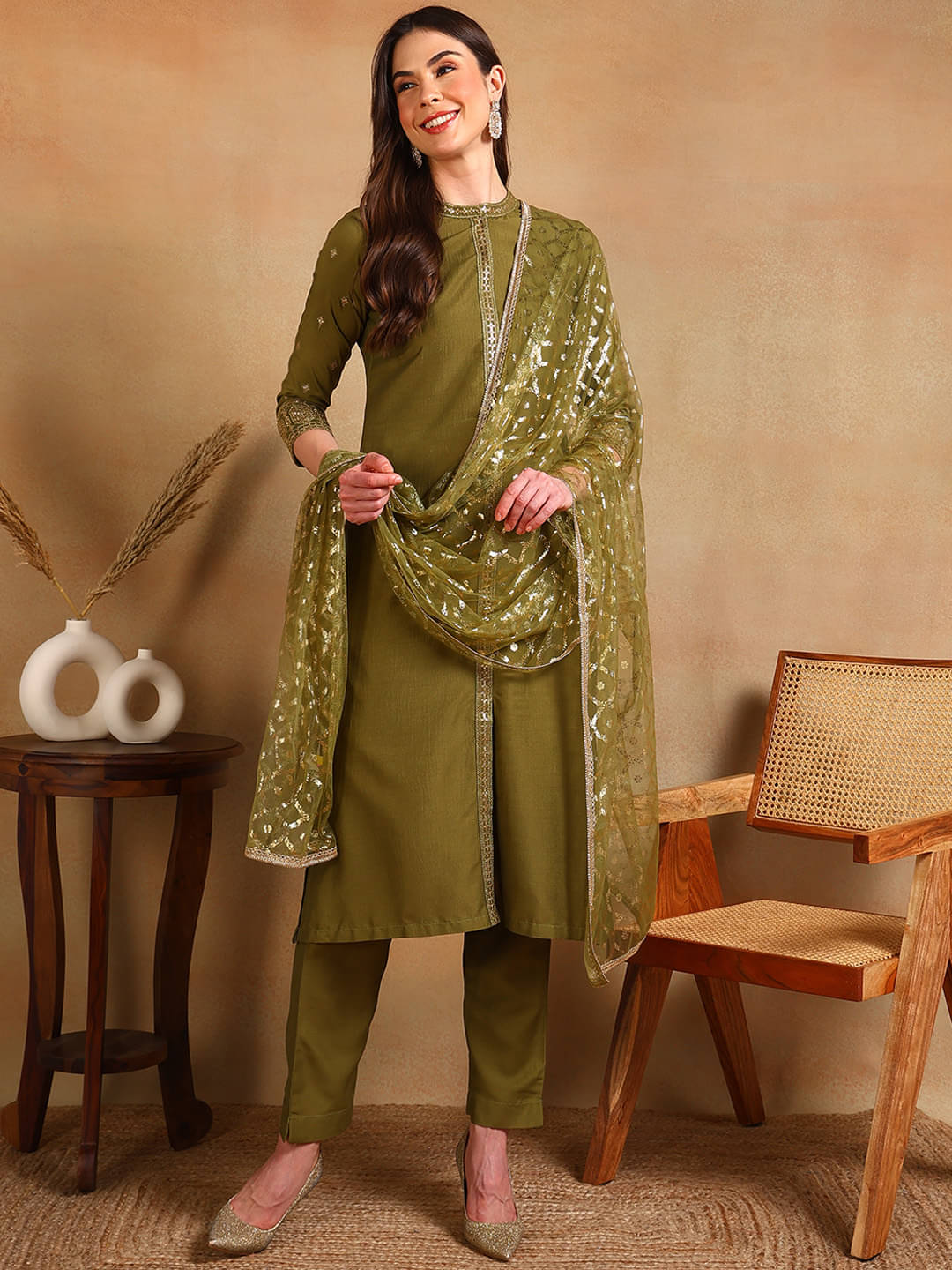    			Vaamsi Silk Blend Embellished Kurti With Pants Women's Stitched Salwar Suit - Olive ( Pack of 1 )