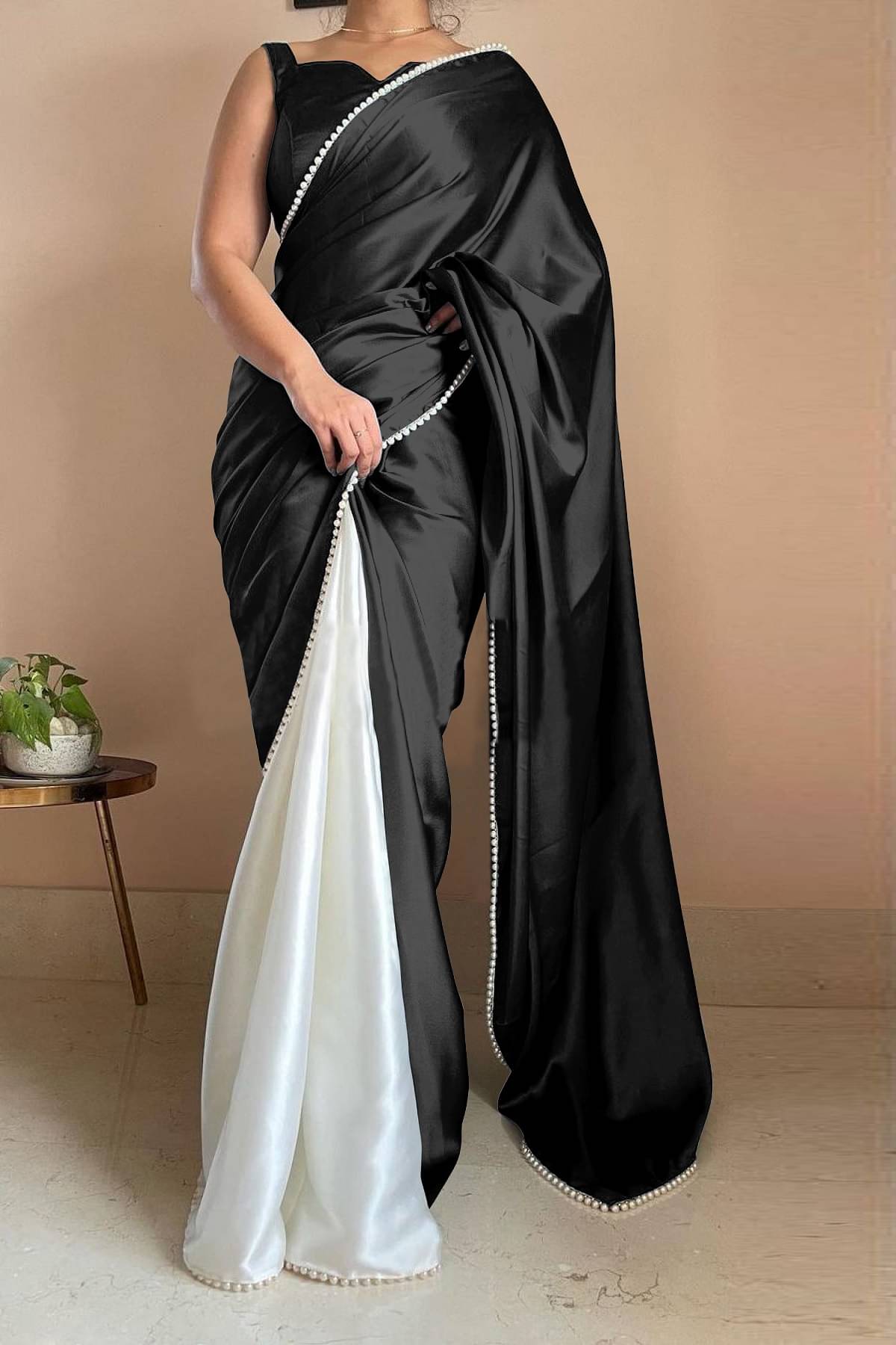Aika Satin Embellished Saree With Unstitched Blouse Piece ( Black ) Aika Satin Embellished Saree With Unstitched Blouse Piece ( Black )