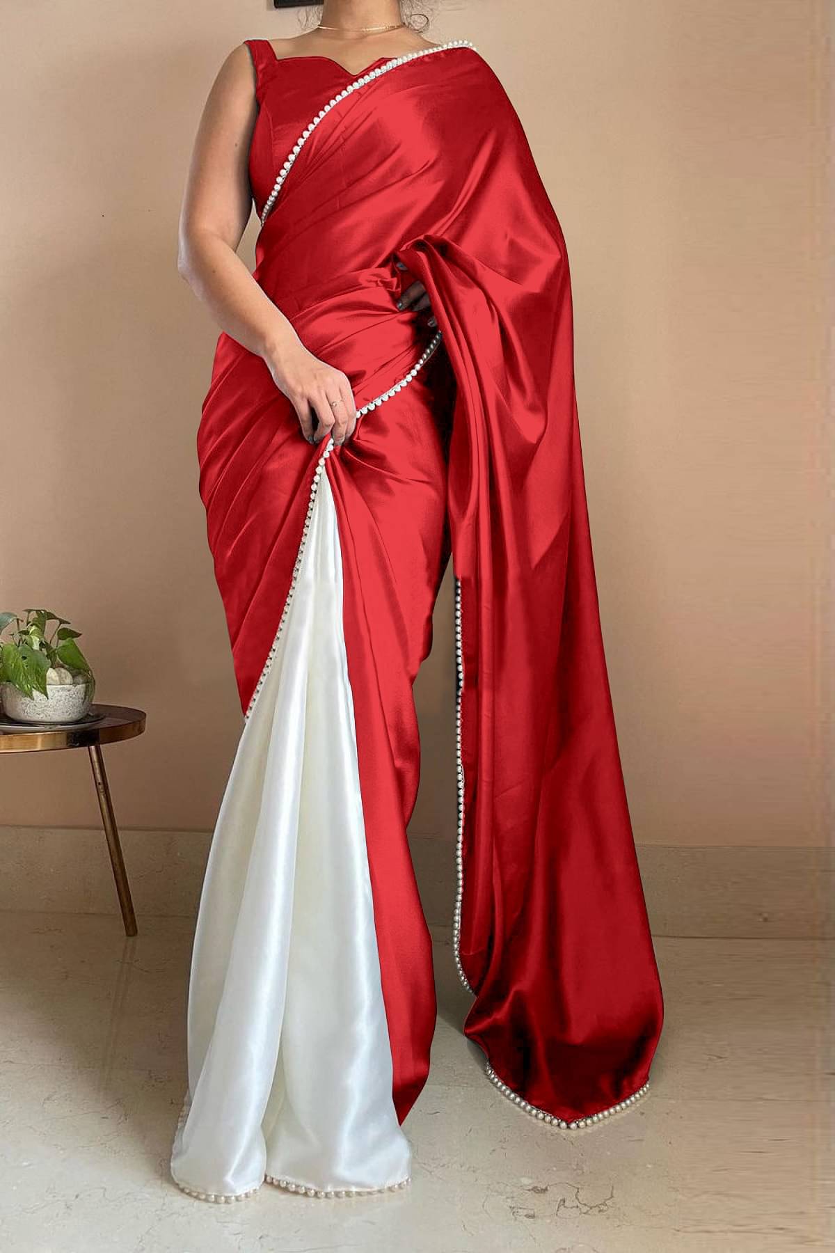     			Apnisha Satin Embellished Saree With Unstitched Blouse Piece ( Red )