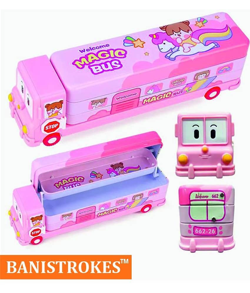 Bus Shape Pencil Box School Bus Metal Geometry Box for Kids Magic Bus with Moving Tyres with 3 Compartments Moving Tyre's & Sharpener Geometry Case for Boys & Girls - Stationery | Buy online on ZillyBuy