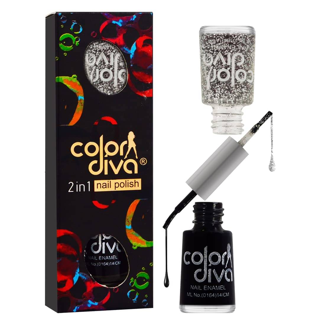     			COLOR DIVA 2 In 1 Nail Polish, 11ml | Chip Resistant, Quick Dry (Black & Silver Glitter)