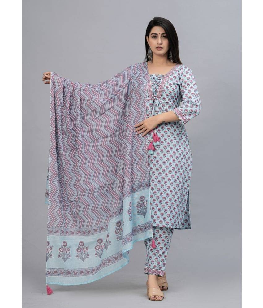 Frionkandy Cotton Printed Kurti With Pants Women's Stitched Salwar Suit - Turquoise ( Pack of 1 ) Frionkandy Cotton Printed Kurti With Pants Women's Stitched Salwar Suit - Turquoise ( Pack of 1 )
