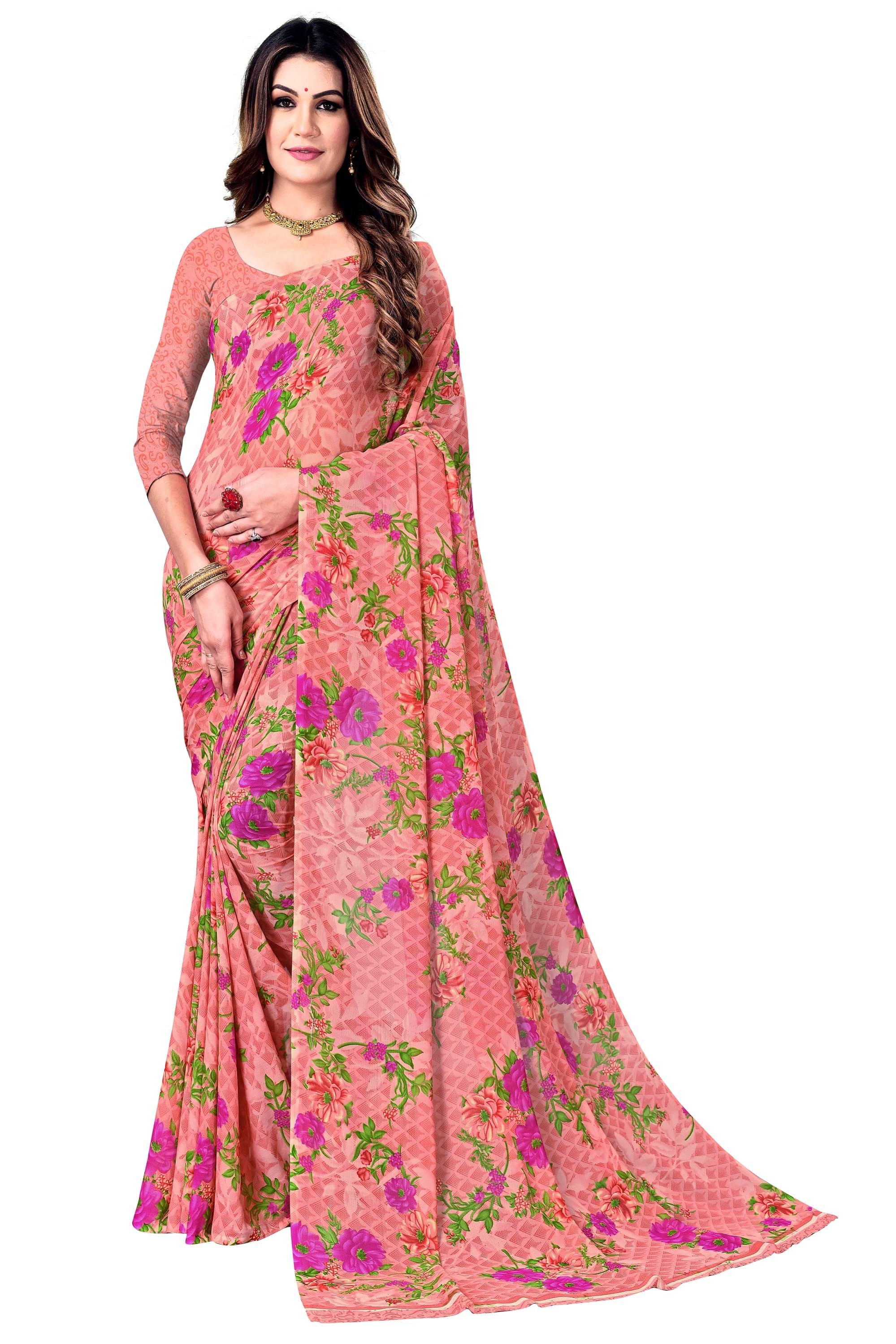 Kanooda Prints Georgette Printed Saree With Unstitched Blouse Piece ( Peach ) Kanooda Prints Georgette Printed Saree With Unstitched Blouse Piece ( Peach )