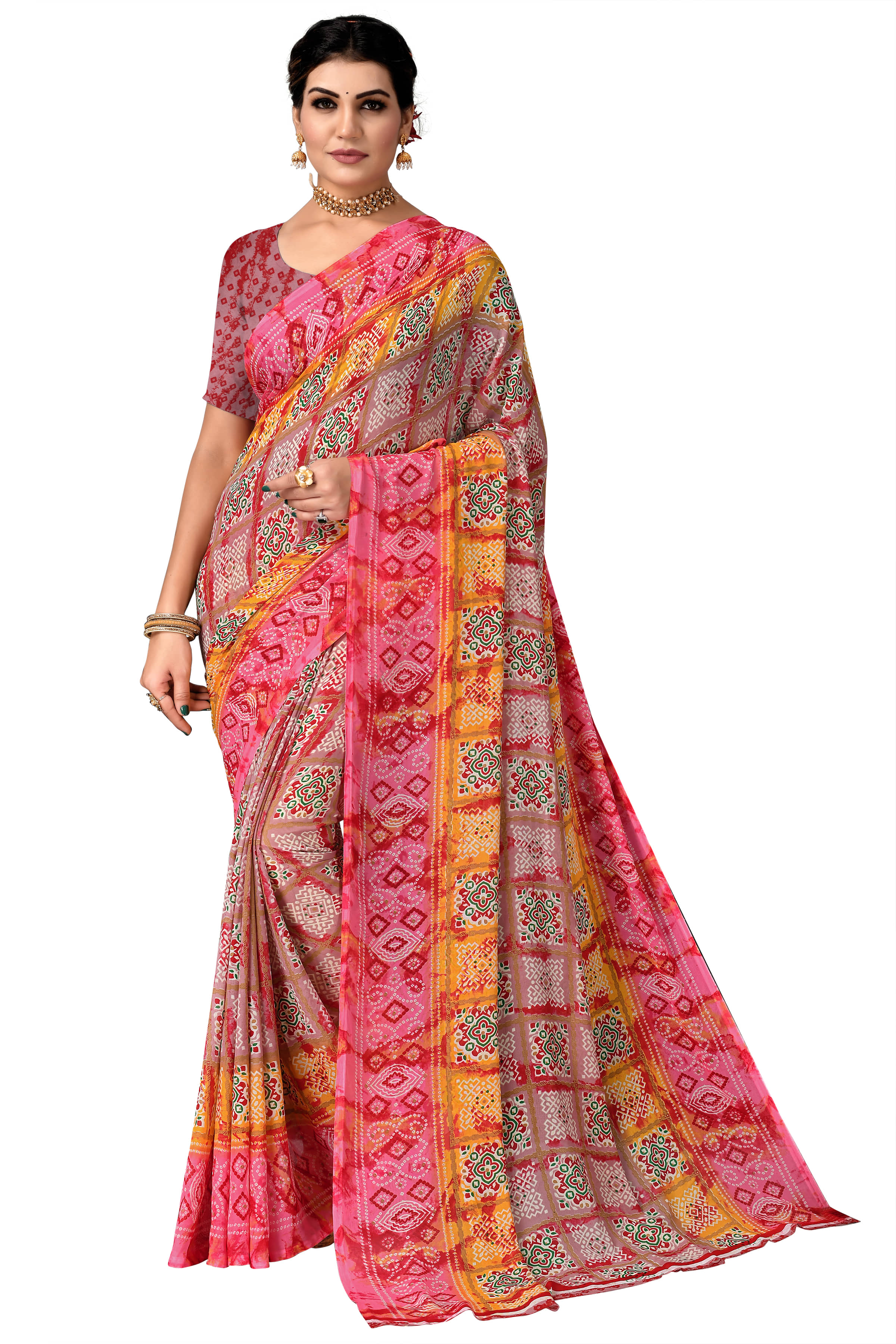 Kanooda Prints Georgette Printed Saree With Unstitched Blouse Piece ( Pink )