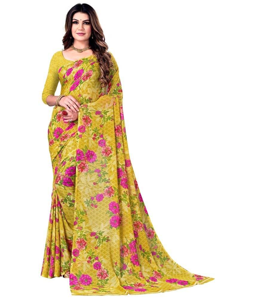     			Kanooda Prints Georgette Printed Saree With Unstitched Blouse Piece ( Yellow )