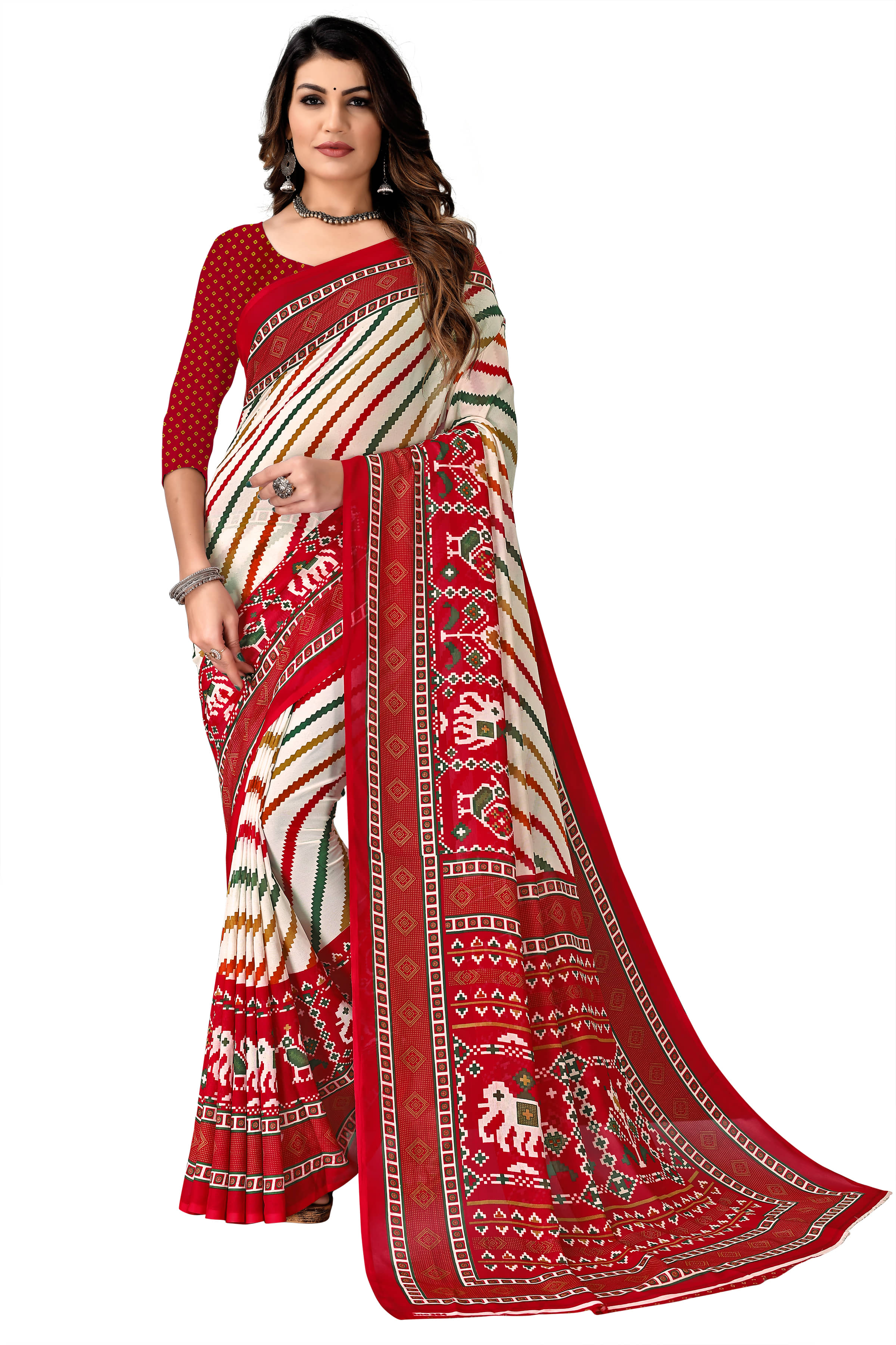 Kanooda Prints Georgette Printed Saree With Unstitched Blouse Piece ( Red ) - Sarees | Buy online on ZillyBuy
