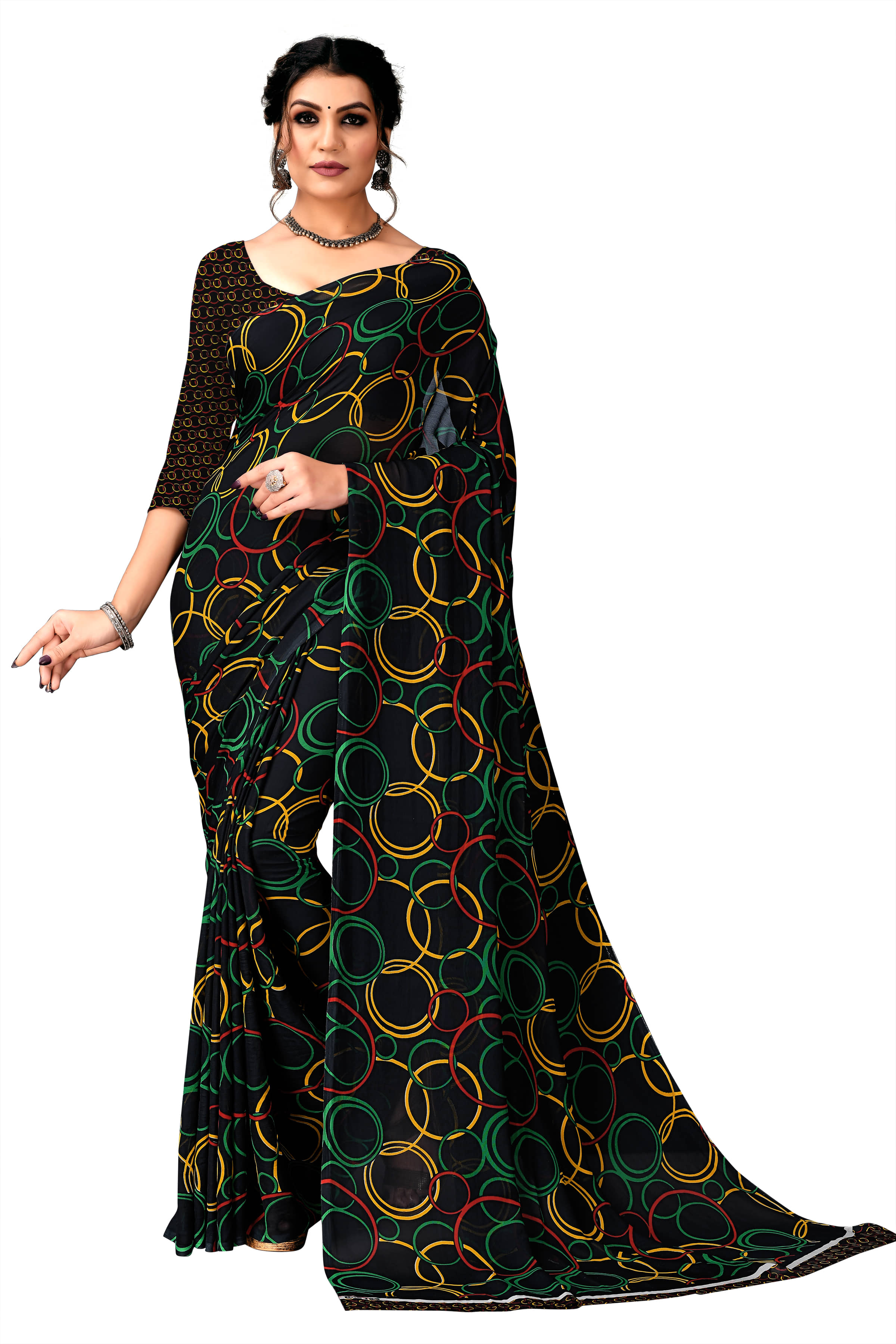 Kanooda Prints Georgette Printed Saree With Unstitched Blouse Piece ( Yellow ) - Sarees | Buy online on ZillyBuy