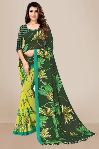Kanooda Prints Georgette Printed Saree With Unstitched Blouse Piece ( Orange ) - Sarees | Buy online on ZillyBuy