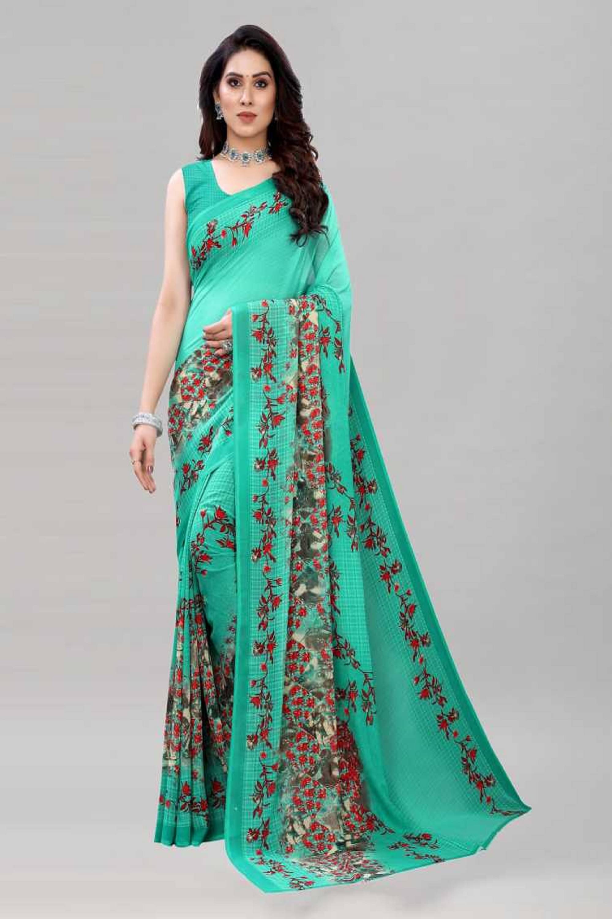     			Kanooda Prints Georgette Printed Saree With Unstitched Blouse Piece ( Teal )