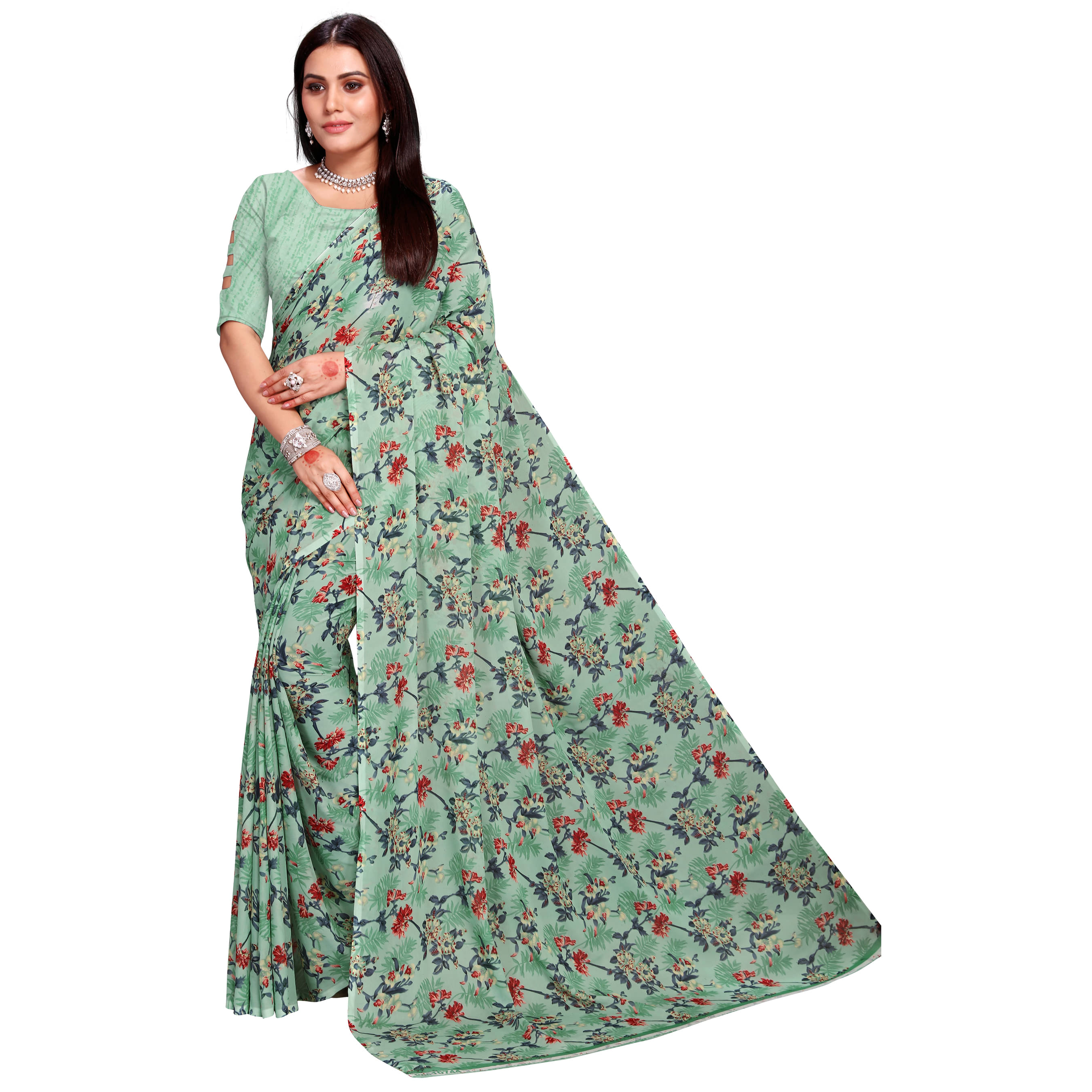 Kanooda Prints Georgette Printed Saree With Unstitched Blouse Piece ( Light Green )     			Kanooda Prints Georgette Printed Saree With Unstitched Blouse Piece ( Light Green )