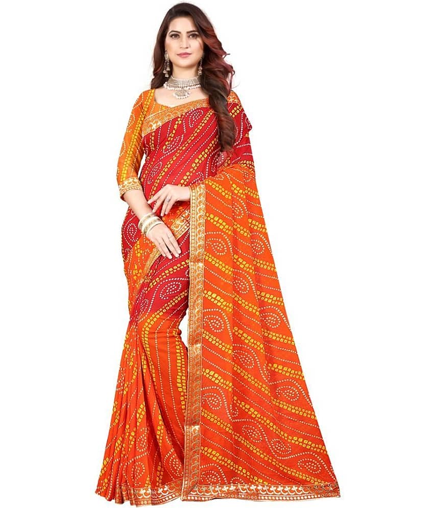Kanooda Prints Georgette Printed Saree With Unstitched Blouse Piece ( Orange )