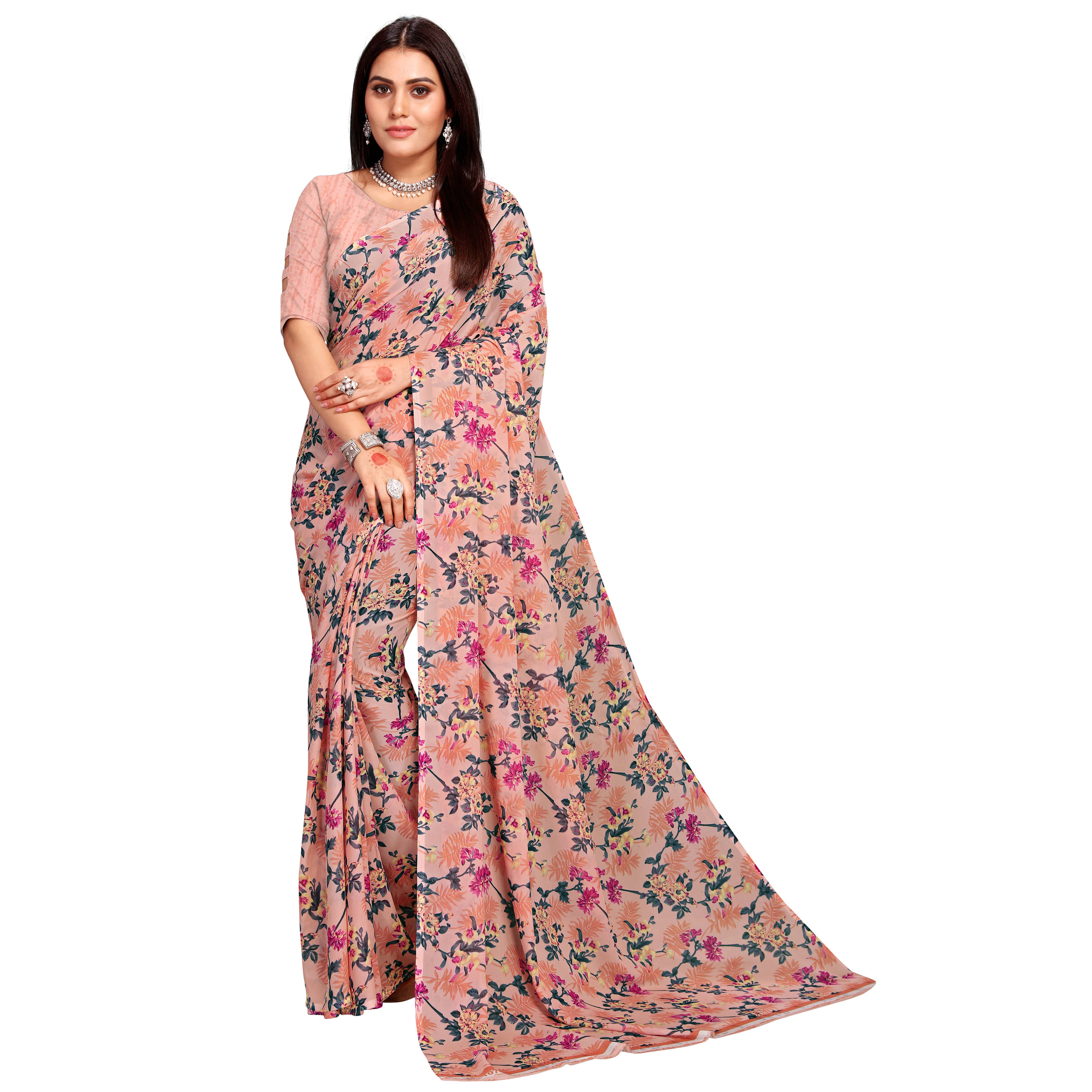Kanooda Prints Georgette Printed Saree With Unstitched Blouse Piece ( Peach ) Kanooda Prints Georgette Printed Saree With Unstitched Blouse Piece ( Peach )