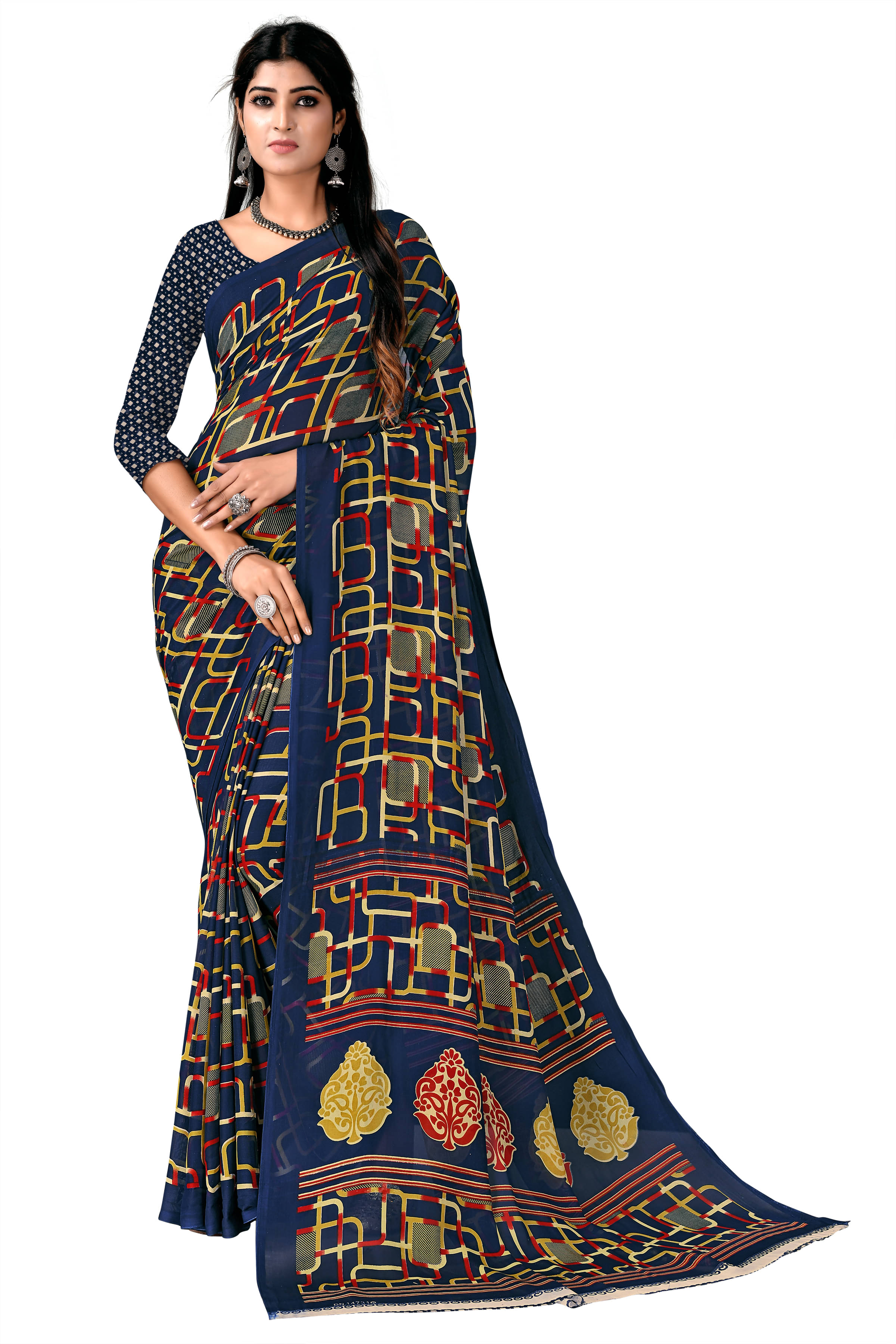     			Kanooda Prints Georgette Printed Saree With Unstitched Blouse Piece ( Navy Blue )