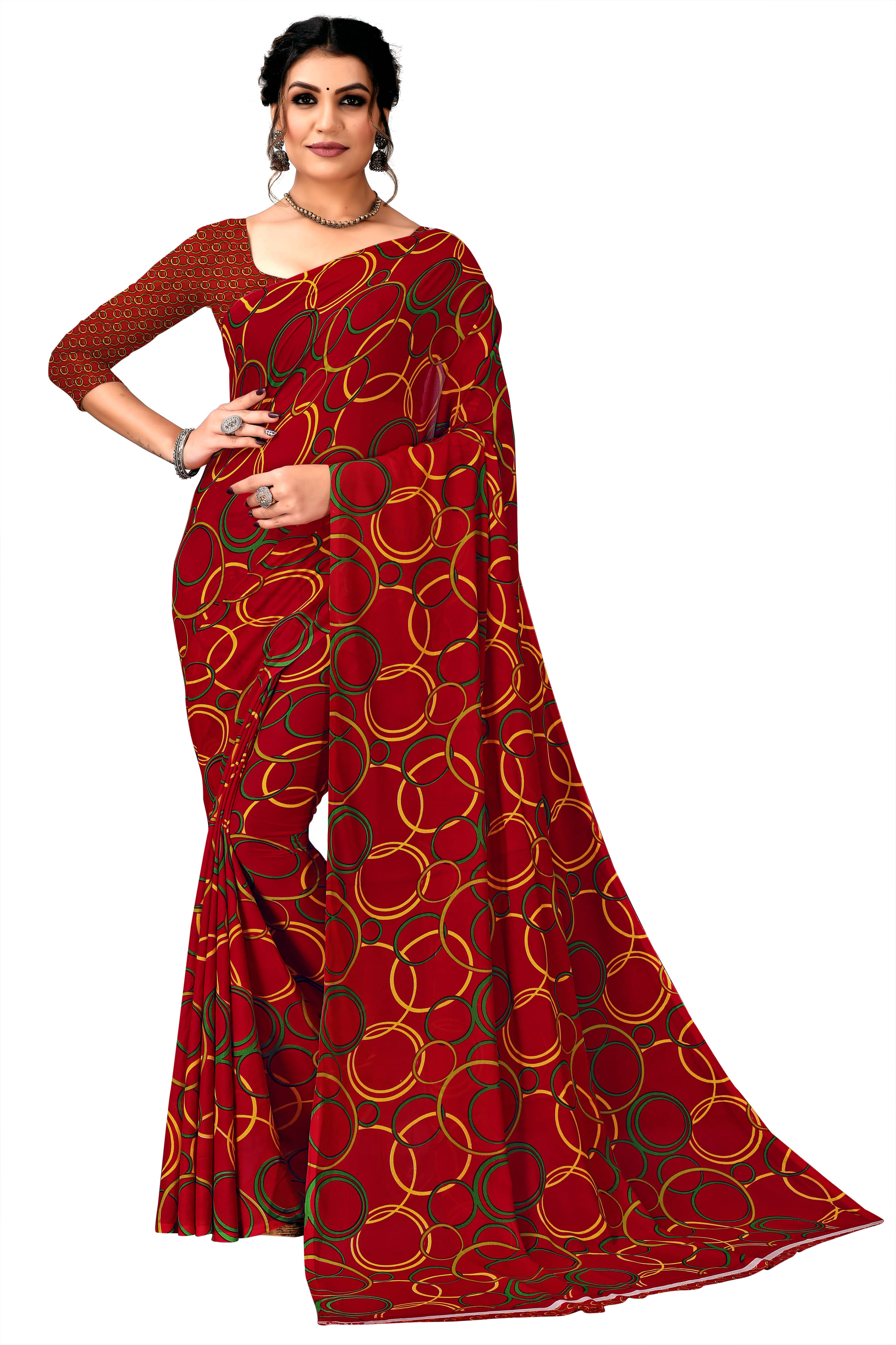     			Kanooda Prints Georgette Printed Saree With Unstitched Blouse Piece ( Red )