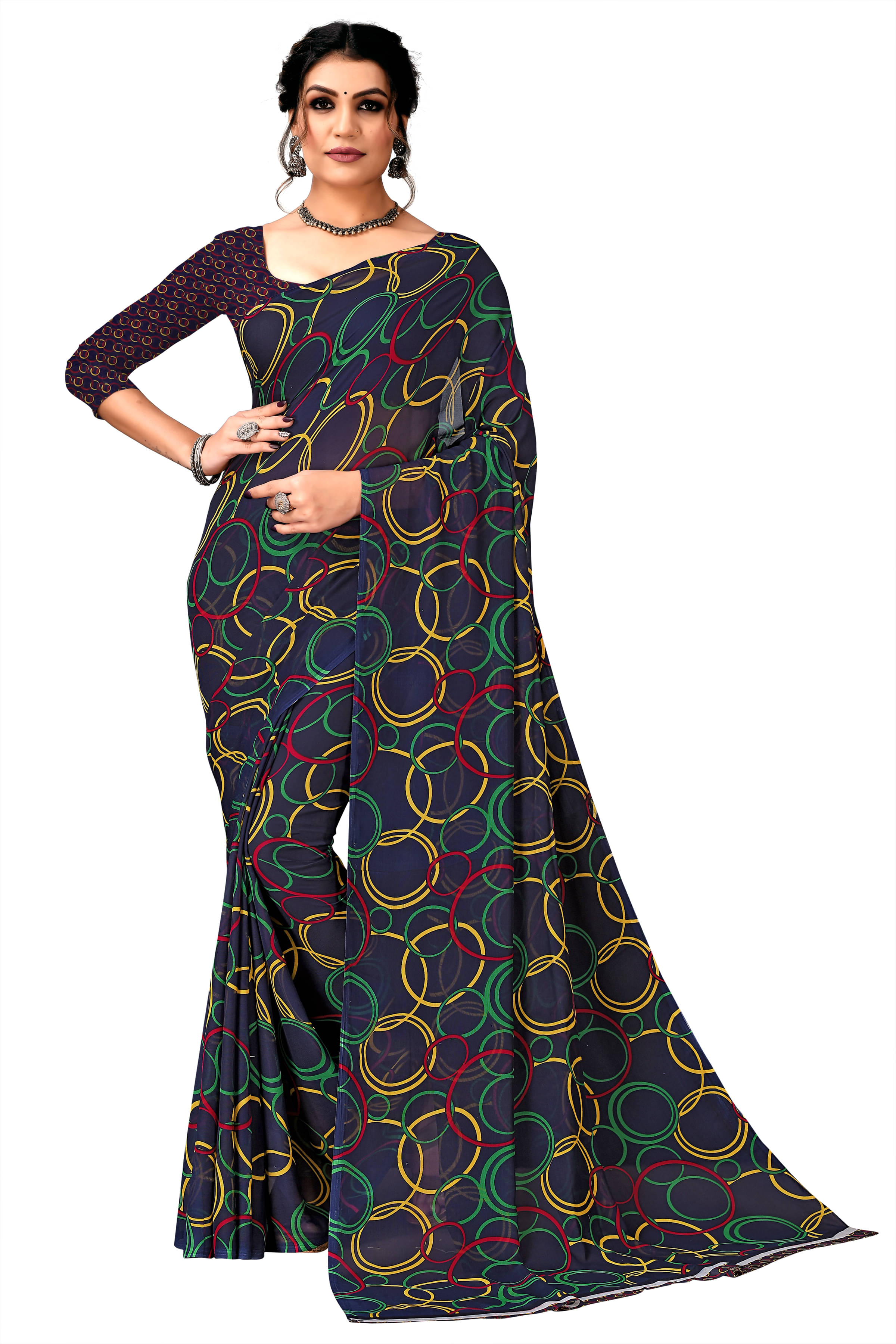     			Kanooda Prints Georgette Printed Saree With Unstitched Blouse Piece ( Navy Blue )