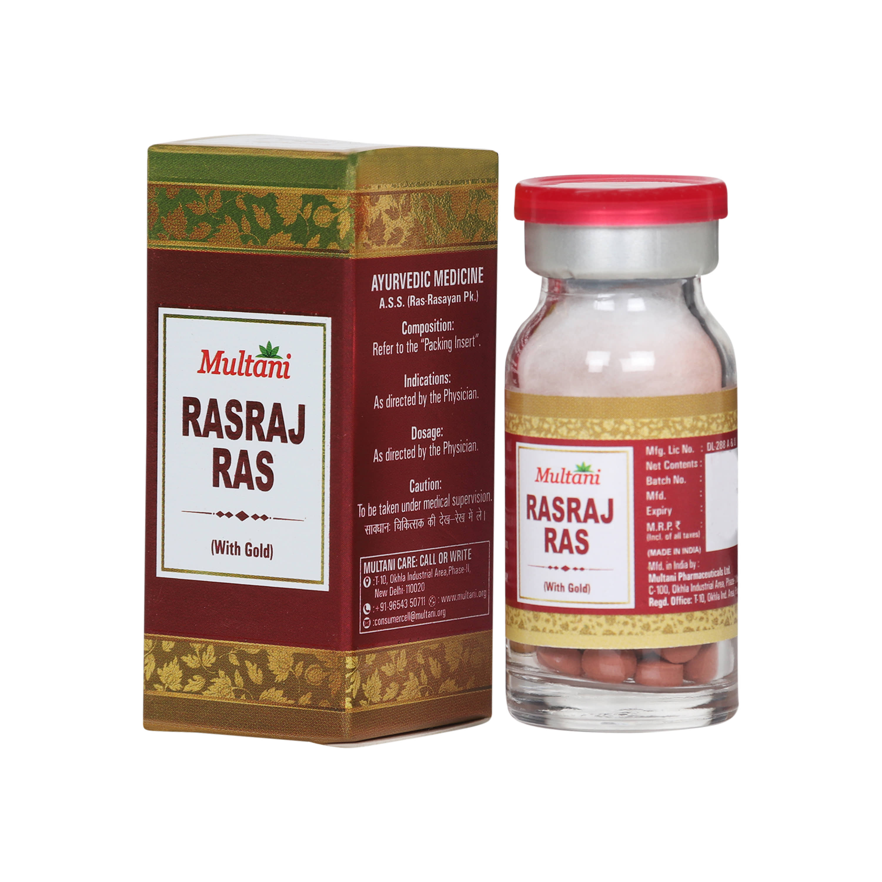 Multani Rasraj Ras With Gold | Enriched With 24 Carat Gold, Moti Pishti, Ashwagandha & Abhrak Bhasma | Helpful In Pains Causes By Vata Imbalance/वात रोग | 10 Tablets
