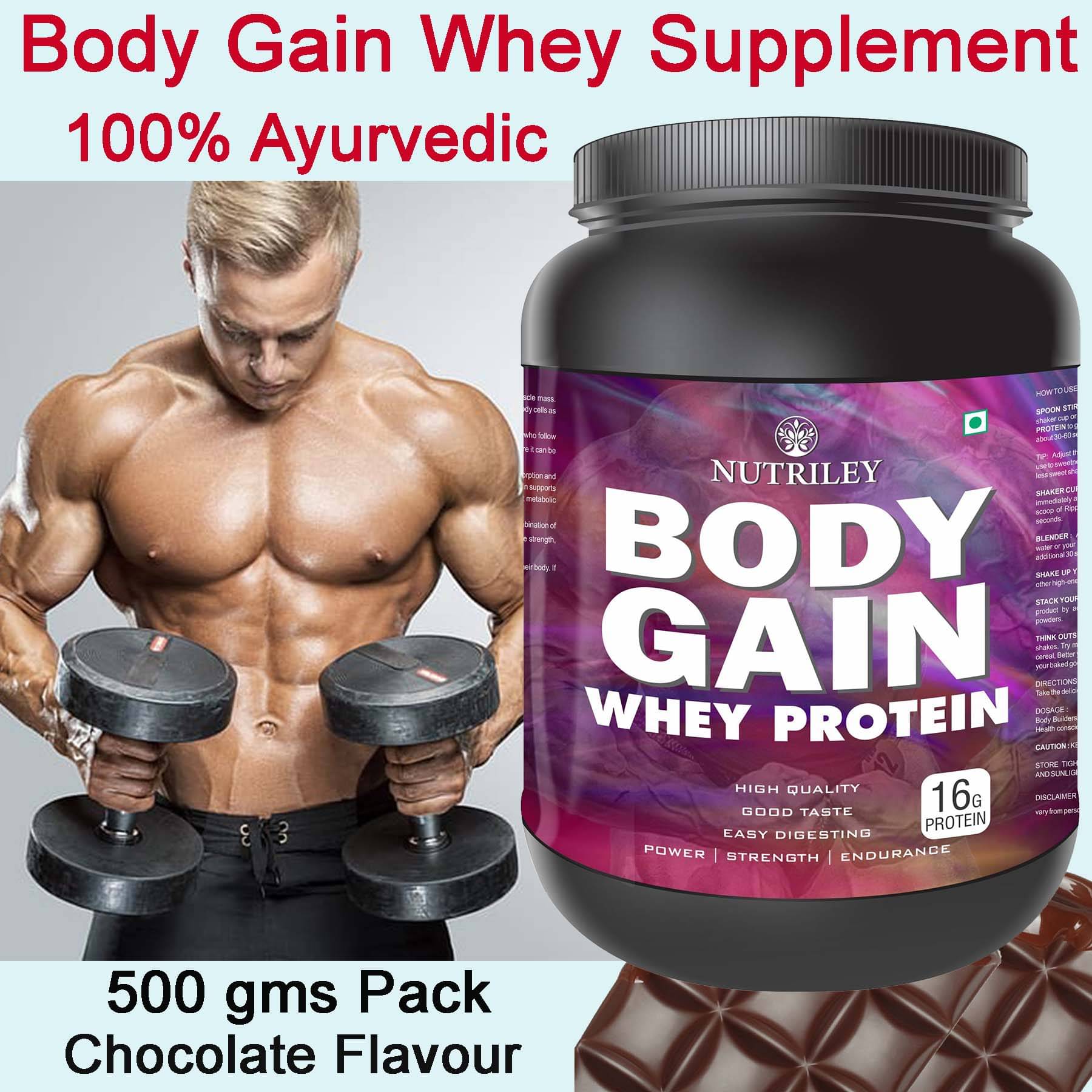Nutriley Body Gain Whey Protein ( 500 gm , Chocolate - Flavour ) Nutriley Body Gain Whey Protein ( 500 gm , Chocolate - Flavour )
