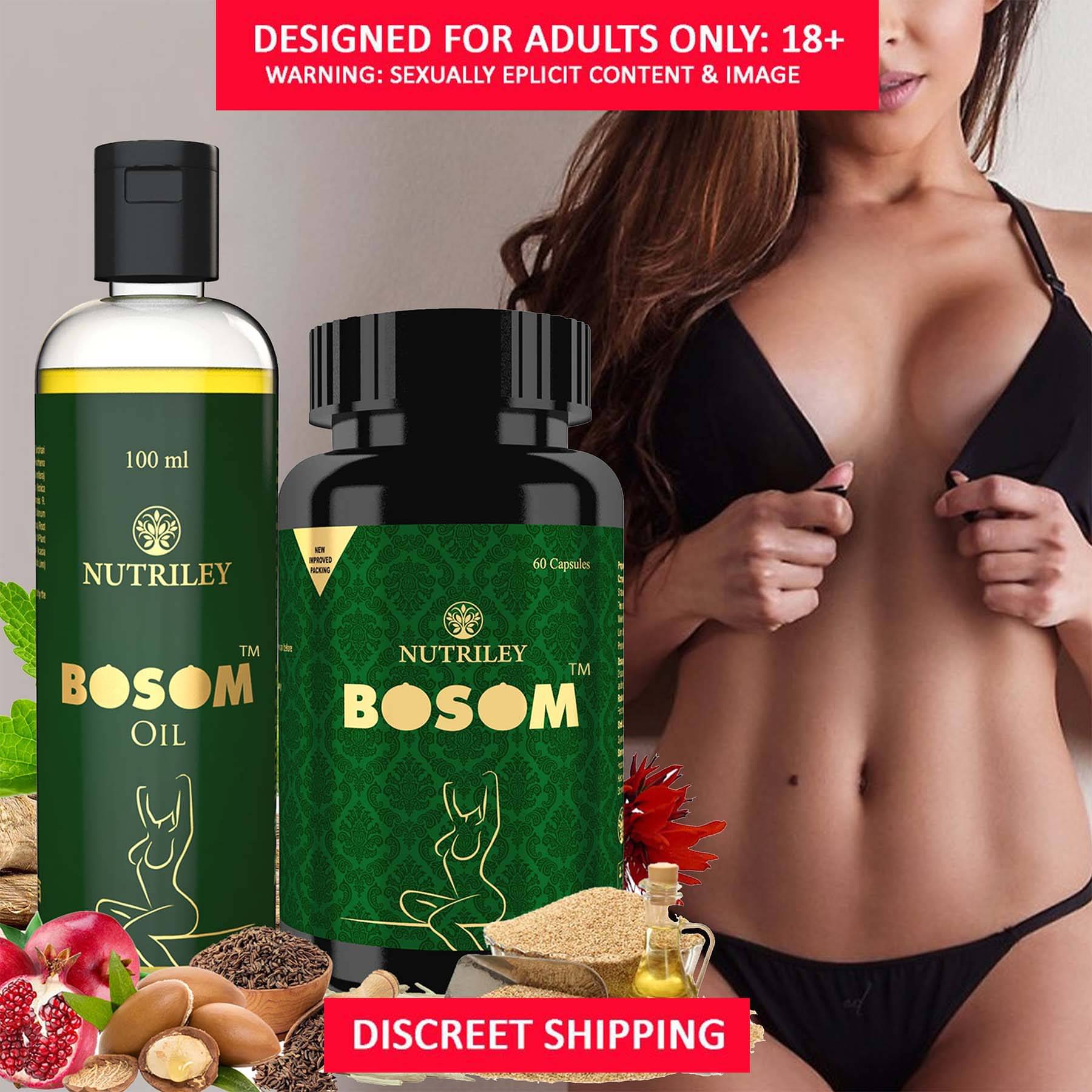 Nutriley Bosom Breast Enlargement Capsules + Oil for big breast, firm and tight breast for breast growth, breast tightening, breast increase and used as Breast Growth Cream, breast badhane cream (60 Capsules + 100 ml Oil) Nutriley Bosom Breast Enlargement Capsules + Oil for big breast, firm and tight breast for breast growth, breast tightening, breast increase and used as Breast Growth Cream, breast badhane cream (60 Capsules + 100 ml Oil)