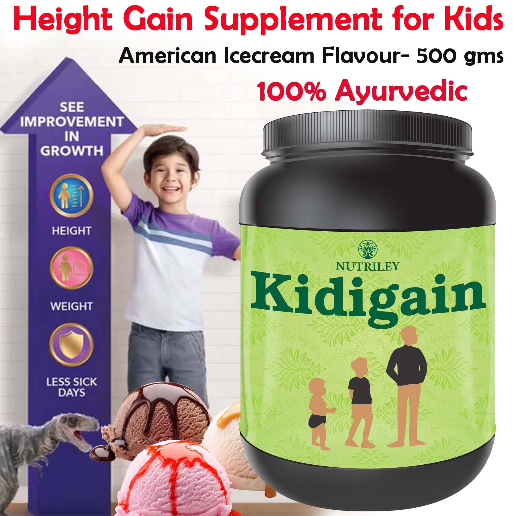 Nutriley Kidigain Whey Protein ( 500 gm , American Icecream - Flavour ) Nutriley Kidigain Whey Protein ( 500 gm , American Icecream - Flavour )