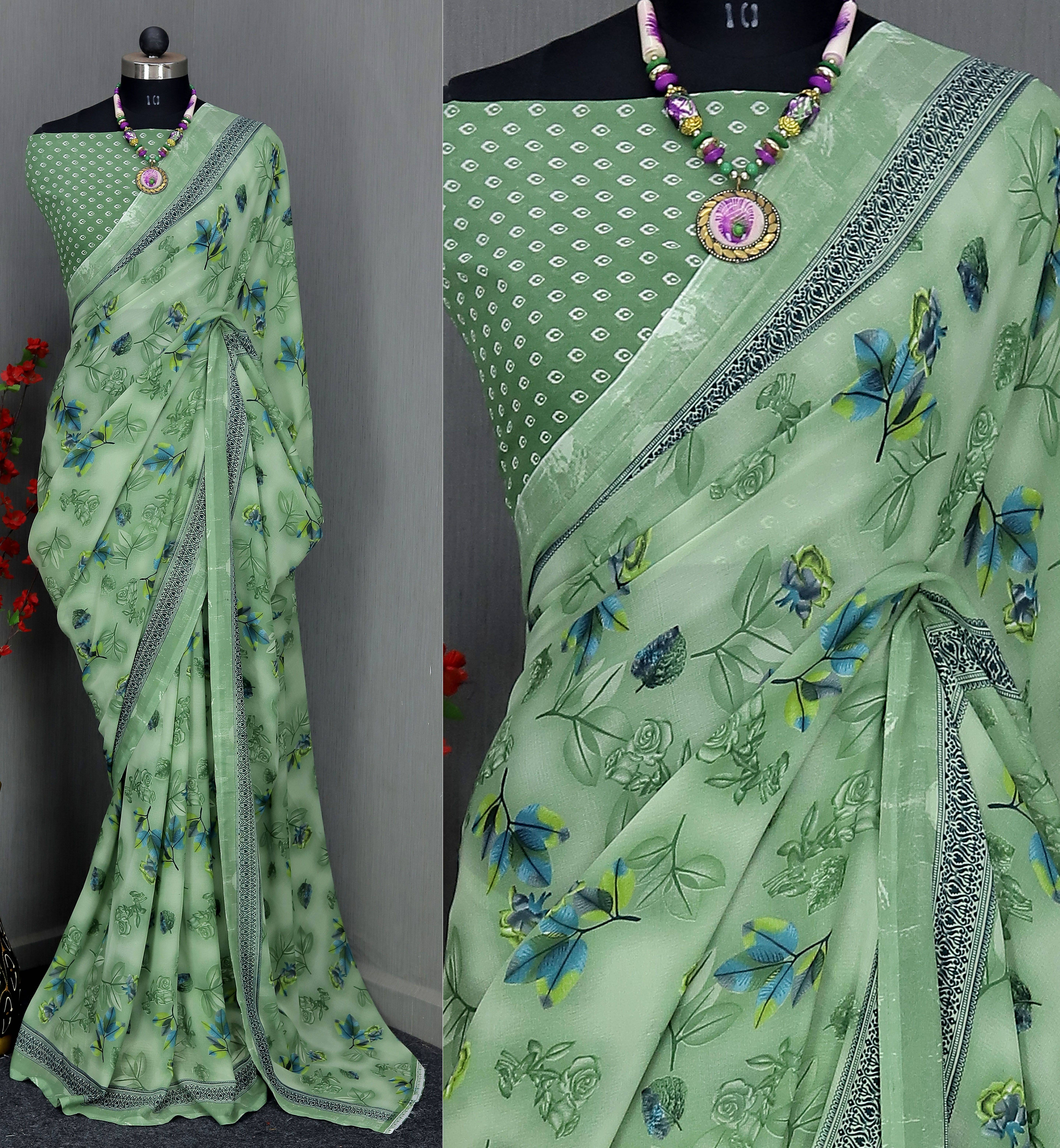 Rekha Maniyar Georgette Printed Saree With Unstitched Blouse Piece ( Green ) Rekha Maniyar Georgette Printed Saree With Unstitched Blouse Piece ( Green )