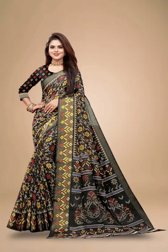    			Saadhvi Cotton Silk Printed Saree With Unstitched Blouse Piece ( Black )