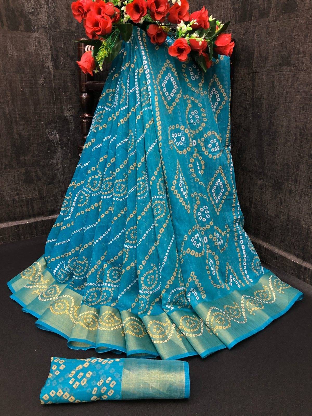 Saadhvi Cotton Silk Printed Saree With Unstitched Blouse Piece ( Turquoise )     			Saadhvi Cotton Silk Printed Saree With Unstitched Blouse Piece ( Turquoise )