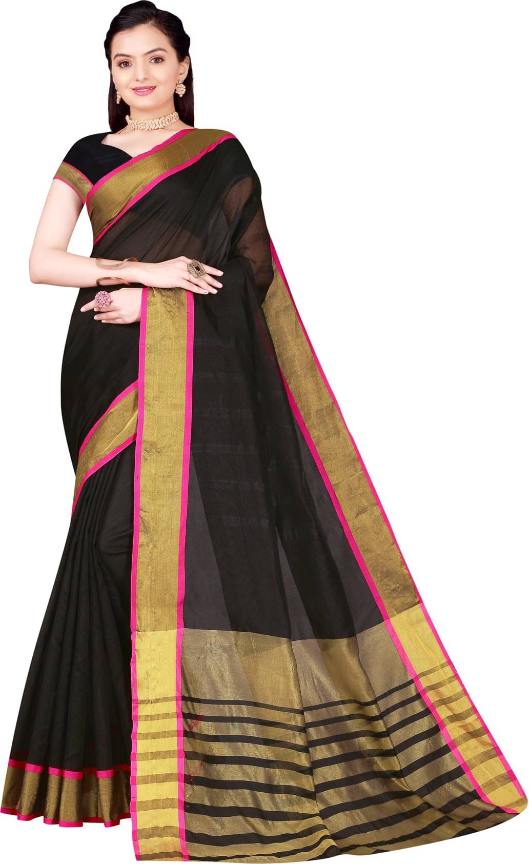 Saadhvi Cotton Silk Self Design Saree Without Blouse Piece ( Black )     			Saadhvi Cotton Silk Self Design Saree Without Blouse Piece ( Black )