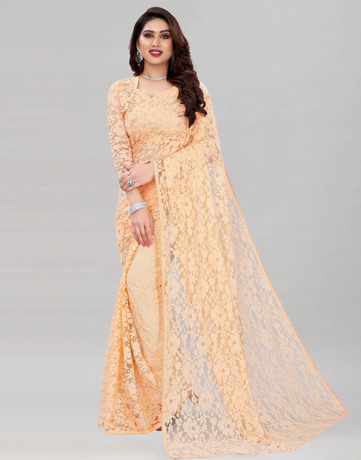 Saadhvi Net Cut Outs Saree Without Blouse Piece ( Beige ) - Sarees | Buy online on ZillyBuy