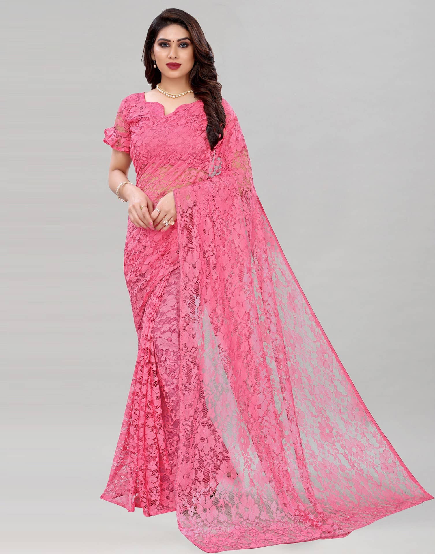 Saadhvi Net Cut Outs Saree Without Blouse Piece ( Pink ) - Sarees | Buy online on ZillyBuy