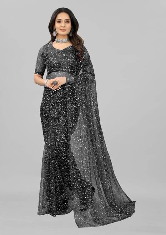 Saadhvi Net Solid Saree Without Blouse Piece ( Black )     			Saadhvi Net Solid Saree Without Blouse Piece ( Black )