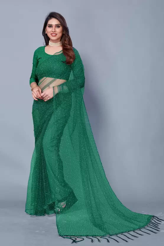 Saadhvi Net Solid Saree Without Blouse Piece ( Green ) Saadhvi Net Solid Saree Without Blouse Piece ( Green )