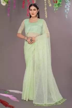 Saadhvi Net Solid Saree Without Blouse Piece ( Teal ) Saadhvi Net Solid Saree Without Blouse Piece ( Teal )
