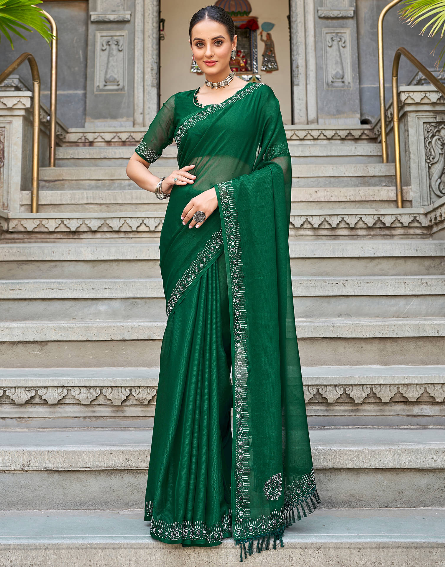     			Samah Chiffon Embellished Saree With Unstitched Blouse Piece ( Green )