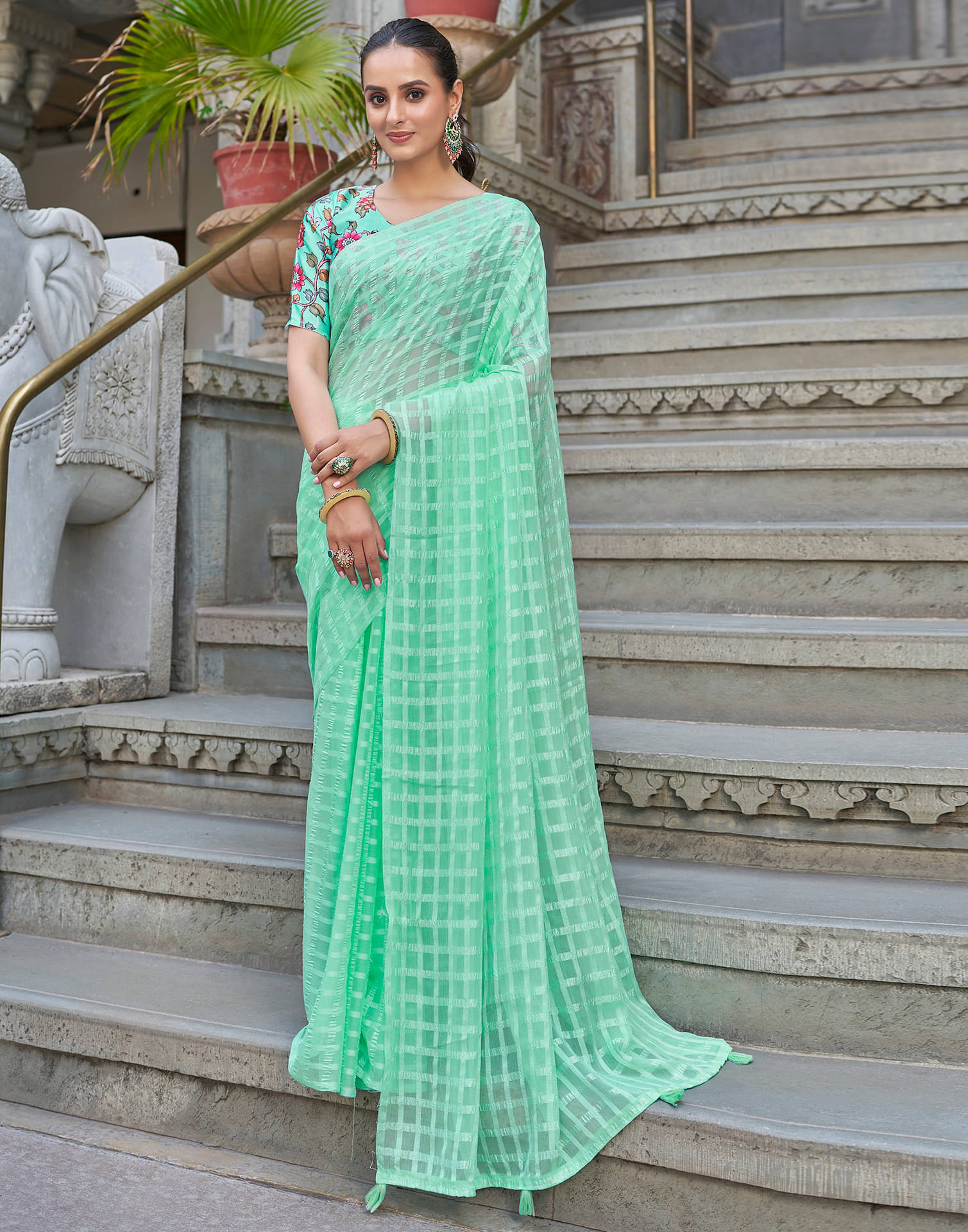     			Samah Chiffon Woven Saree With Unstitched Blouse Piece ( Turquoise )