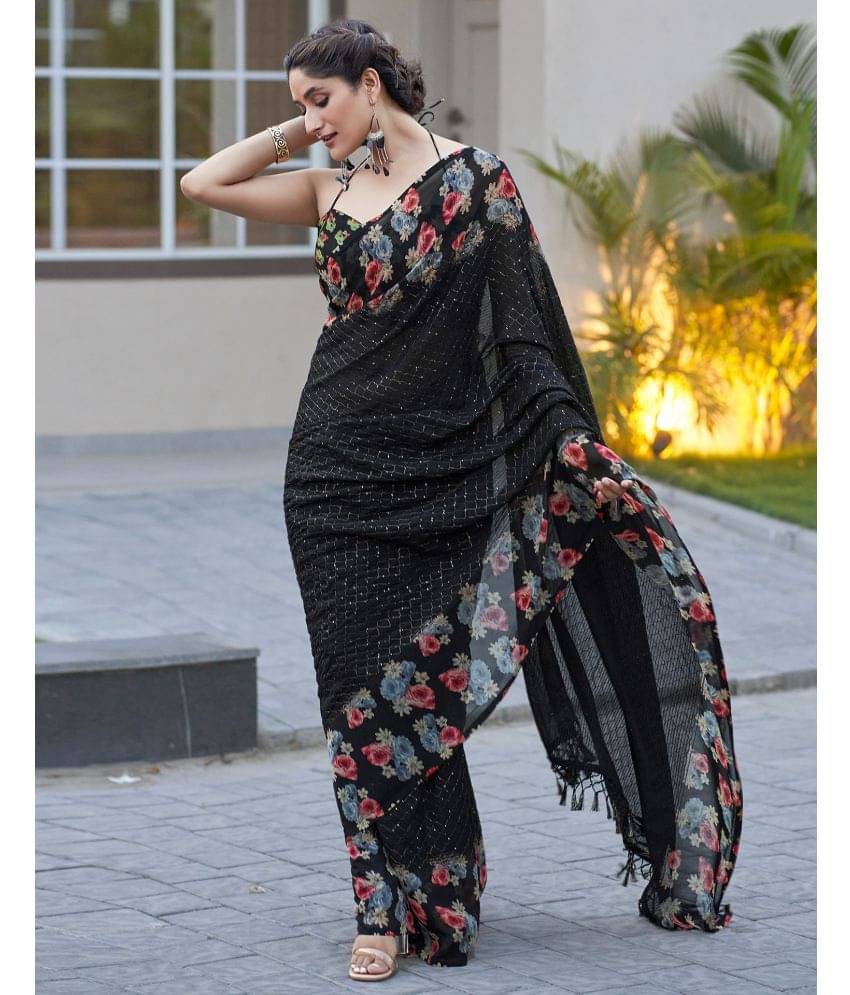 Samah Georgette Embroidered Saree With Unstitched Blouse Piece ( Black ) Samah Georgette Embroidered Saree With Unstitched Blouse Piece ( Black )
