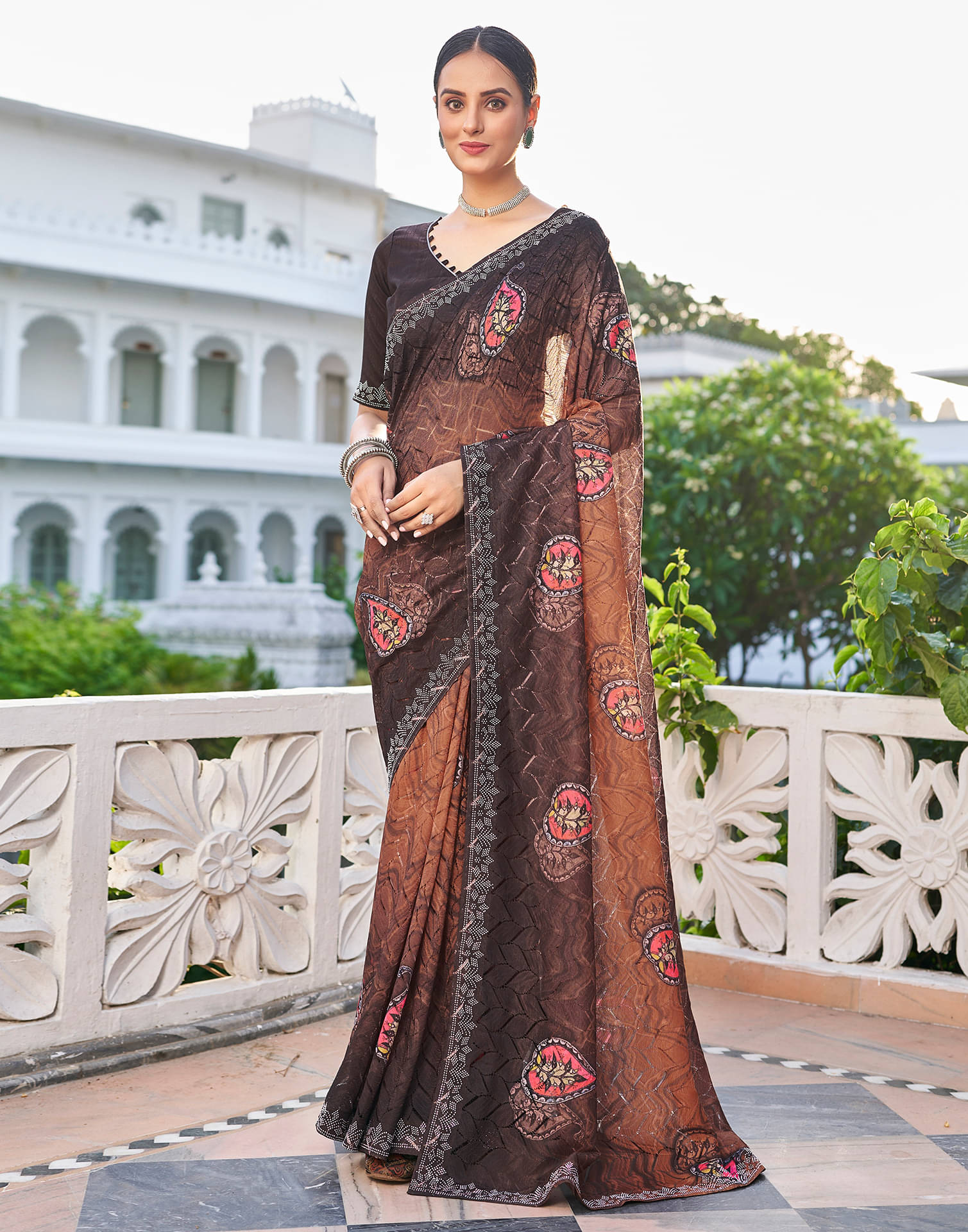     			Samah Net Printed Saree With Unstitched Blouse Piece ( Brown )