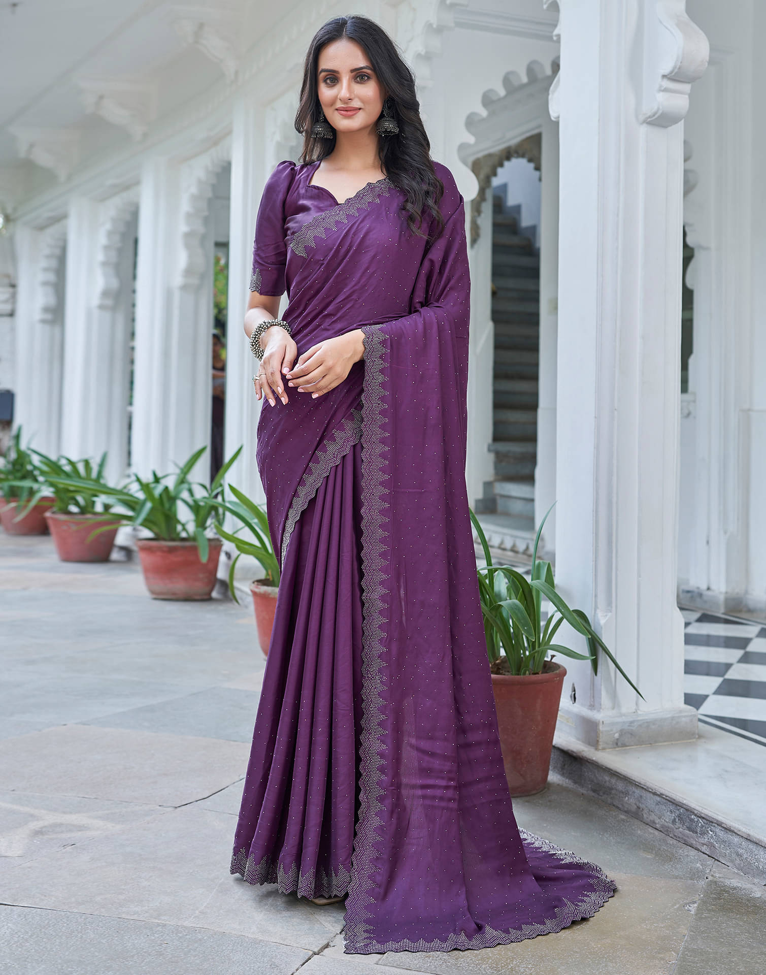     			Samah Satin Embellished Saree With Unstitched Blouse Piece ( Purple )