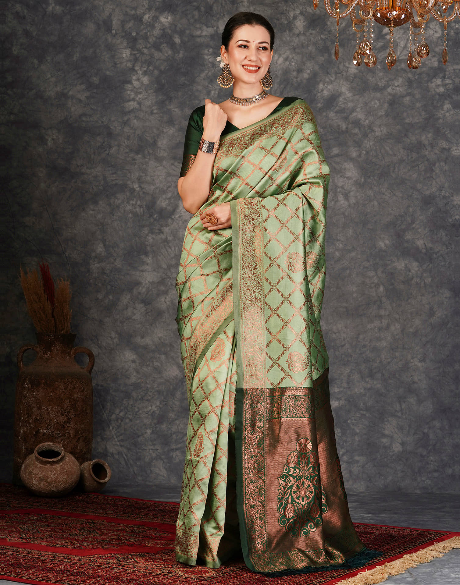 Samah Silk Woven Saree With Unstitched Blouse Piece ( Khaki ) - Sarees | Buy online on ZillyBuy
