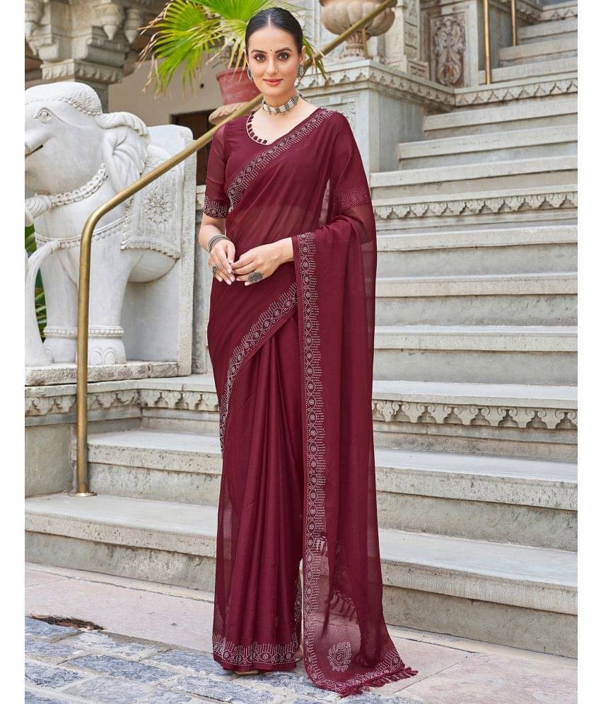     			Satrani Chiffon Embellished Saree With Unstitched Blouse Piece ( Maroon )