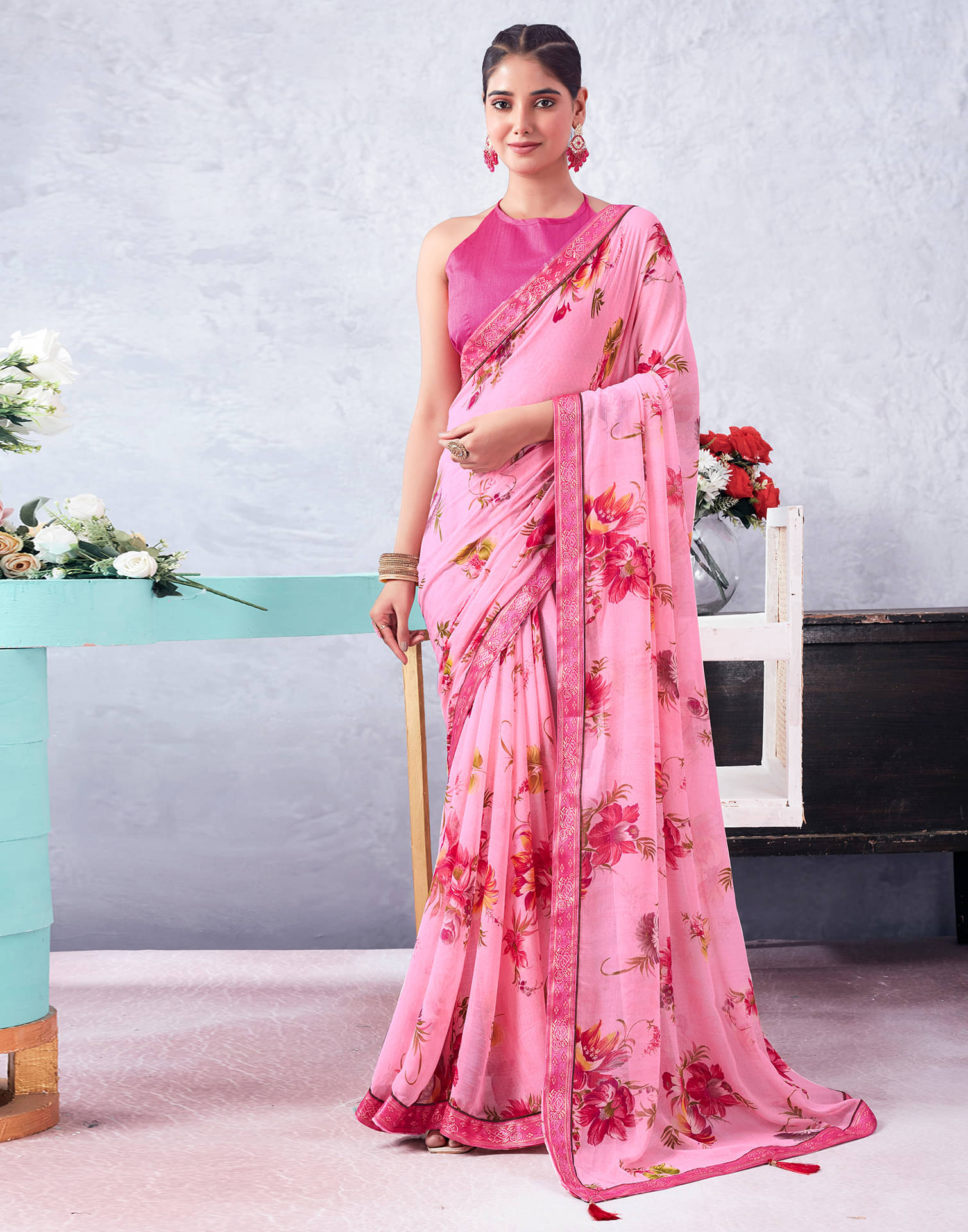    			Satrani Chiffon Printed Saree With Unstitched Blouse Piece ( Pink )