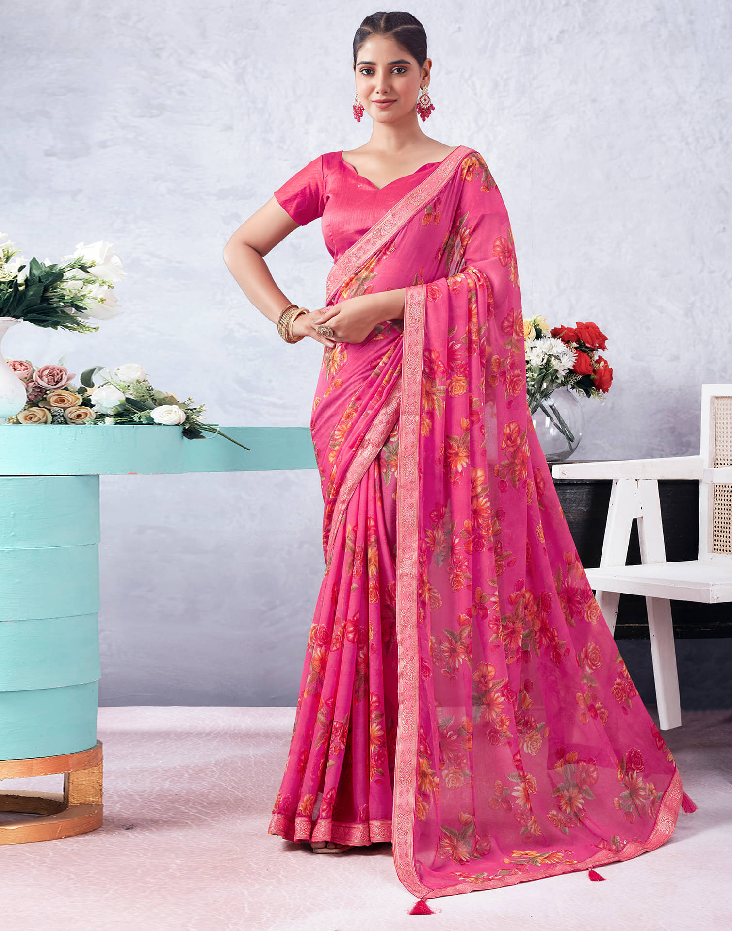     			Satrani Chiffon Printed Saree With Unstitched Blouse Piece ( Rani )