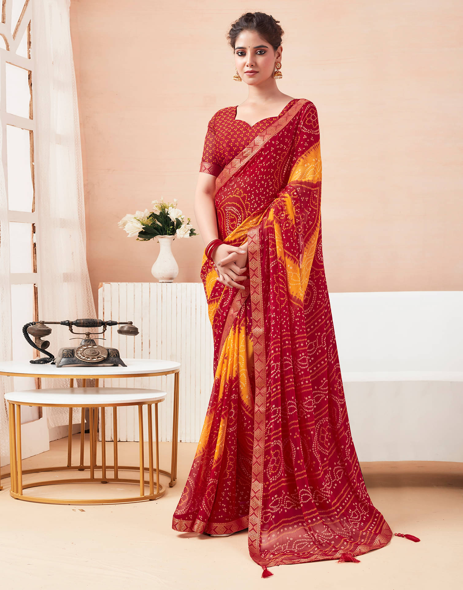 Satrani Chiffon Printed Saree With Unstitched Blouse Piece ( Red ) Satrani Chiffon Printed Saree With Unstitched Blouse Piece ( Red )
